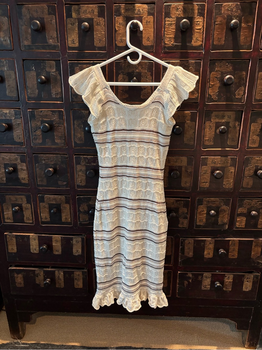 Freshman Cream Knit Midi Dress with Brown & Navy Stripes